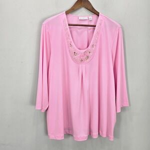 Susan Graver Liquid Knit Top Blouse 2X Pinik Embellished Scoop Neck 3/4 Sleeve